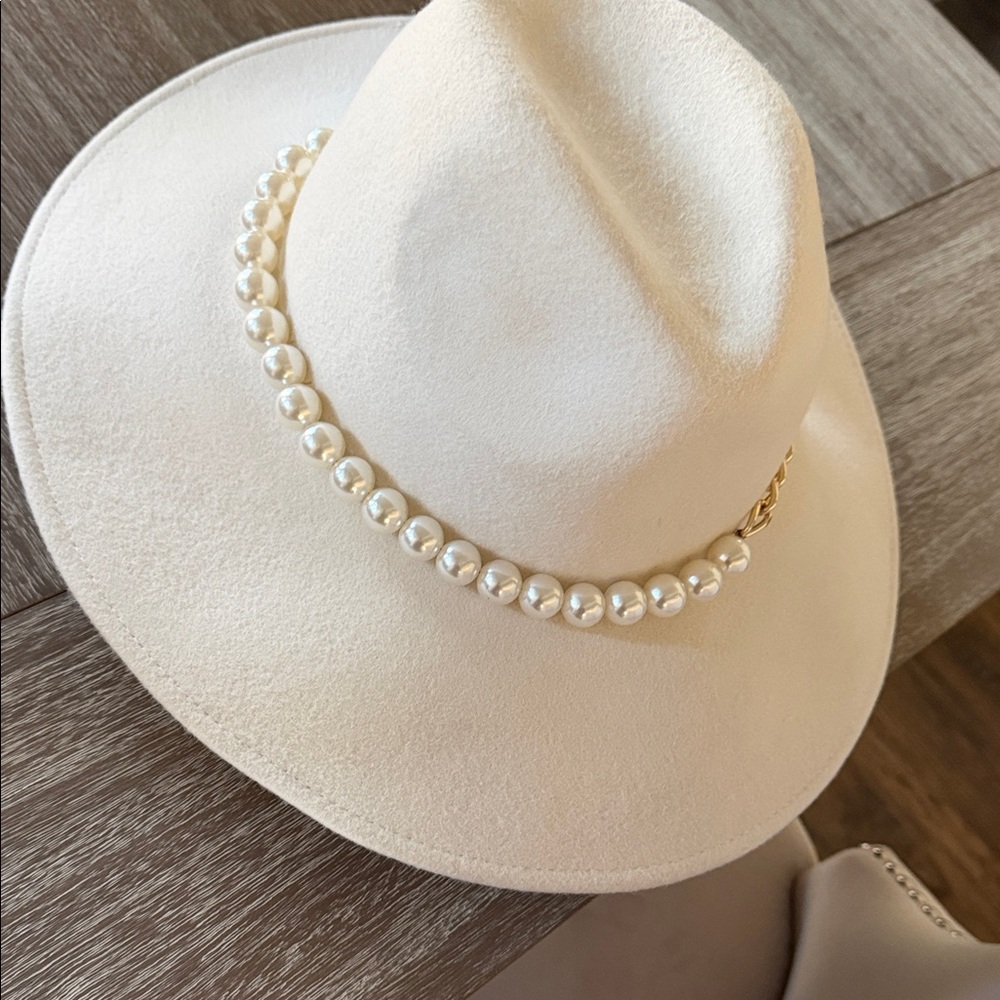 Eugenia Kim Elegant Cream Hat with Pearl Chain